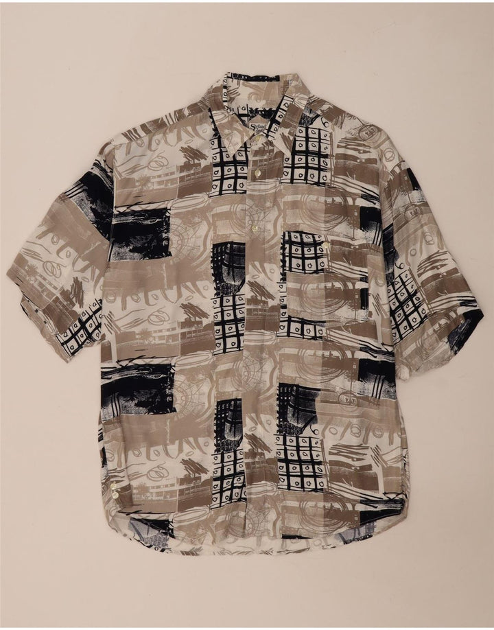 Vintage Mens Short Sleeve Shirt Large Beige Patchwork