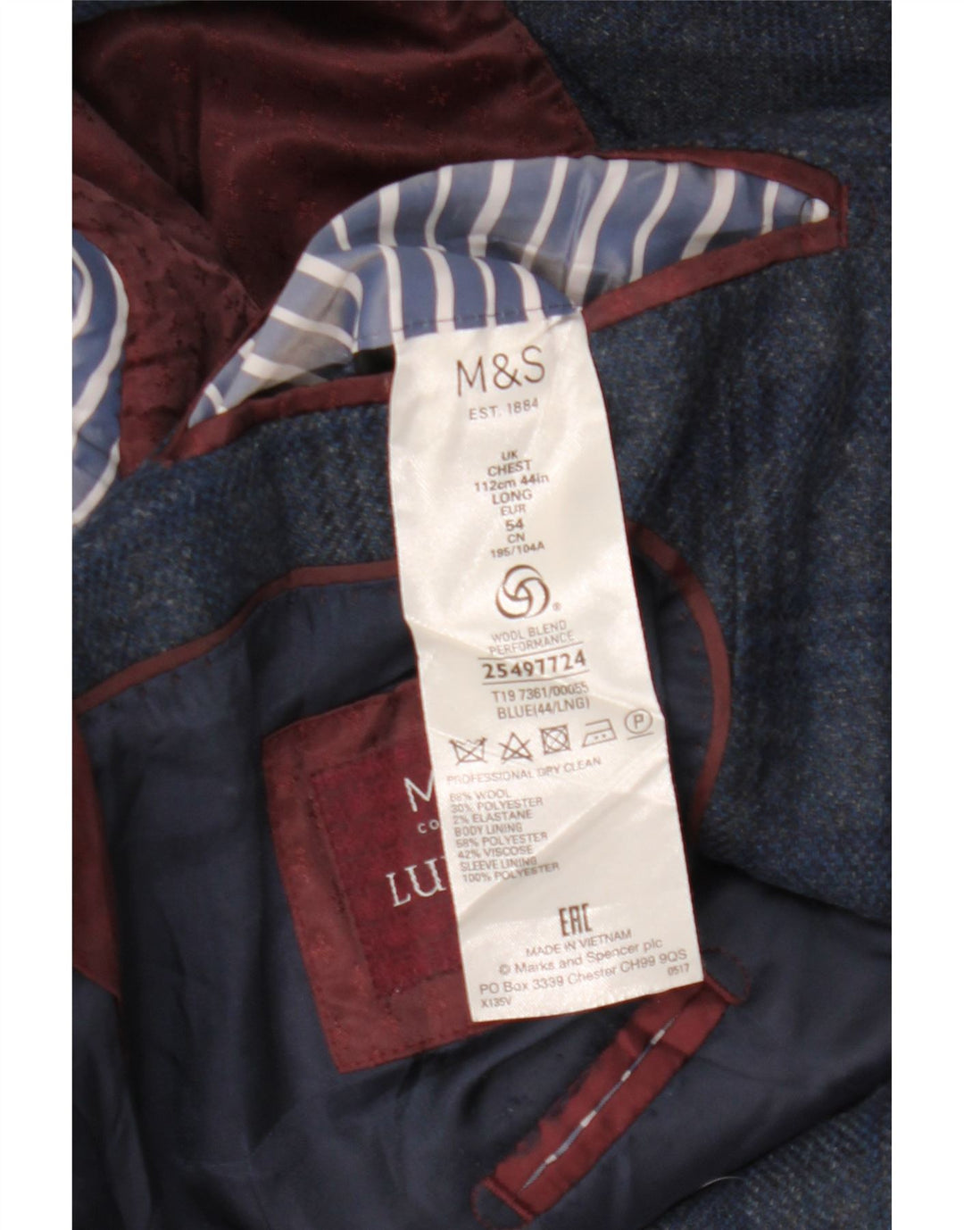 Marks & Spencer Mens 2 Button Blazer Jacket UK 44 2XL Blue Check Wool
