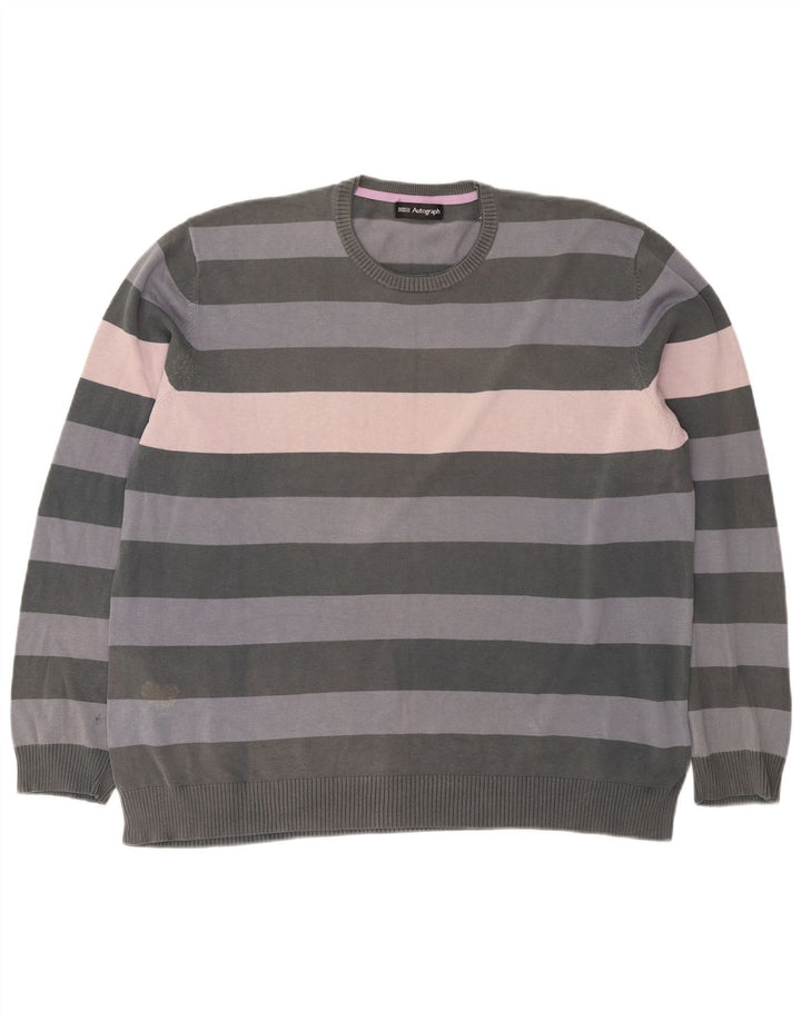 Marks & Spencer Mens Autograph Crew Neck Jumper Sweater 2XL Grey Striped