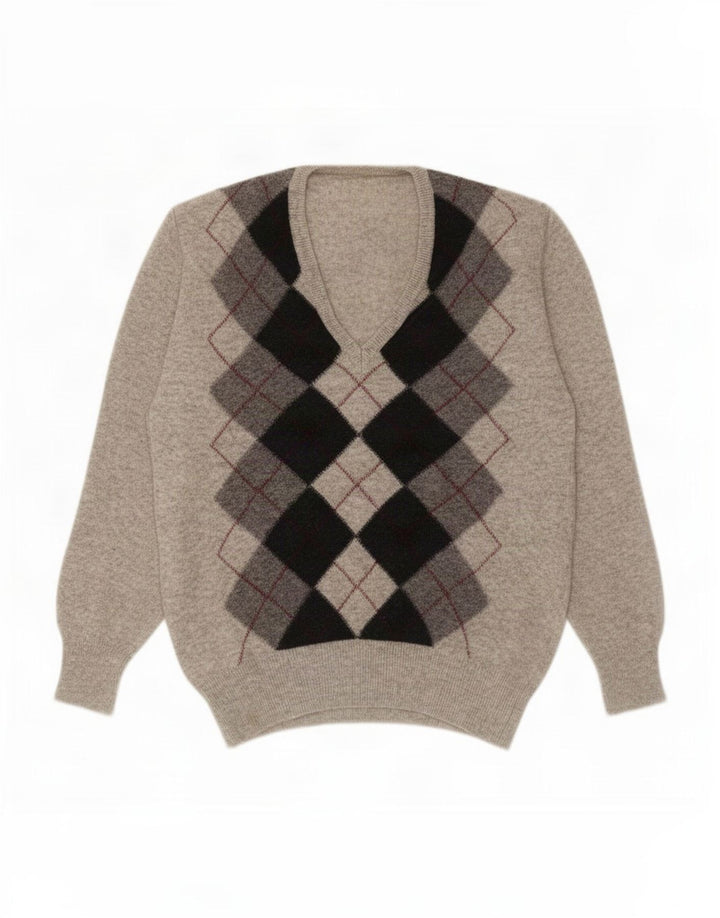 Vintage męski sweter z dekoltem w szpic, mały szary Argyle/diament