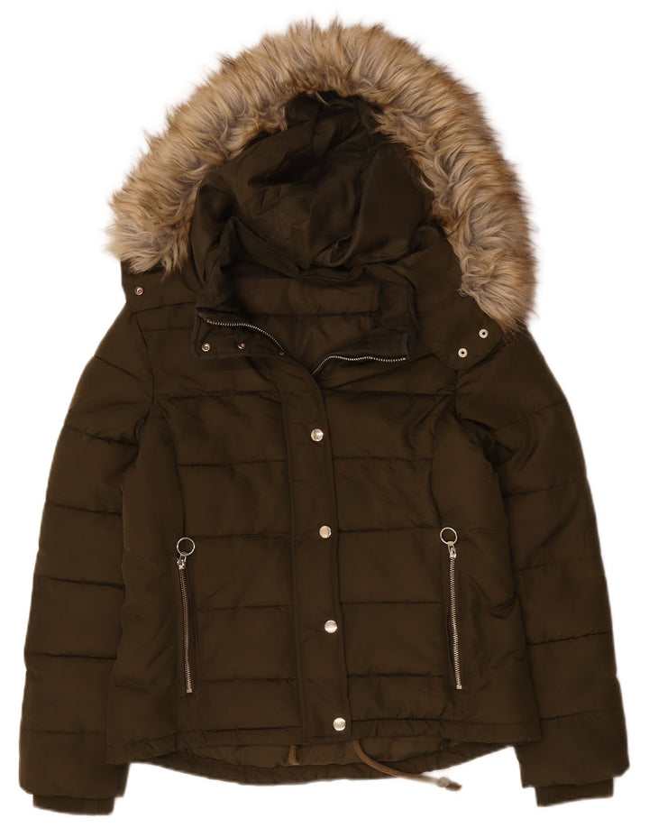 Topshop Womens Hooded Padded Jacket UK 12 Medium  Khaki Polyester