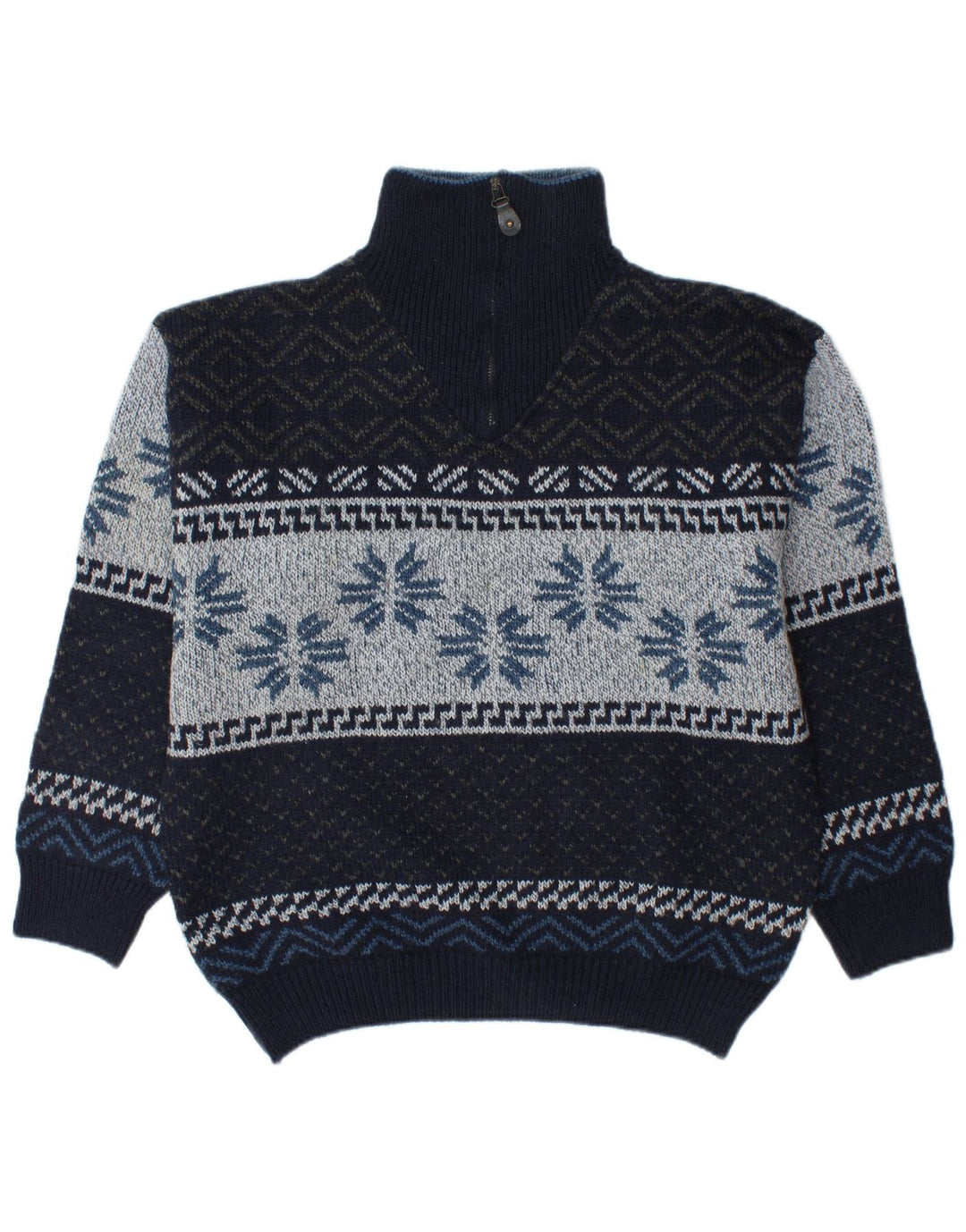 CAMARGUE Mens Zip Neck Jumper Sweater Medium Navy Blue Fair Isle Winter