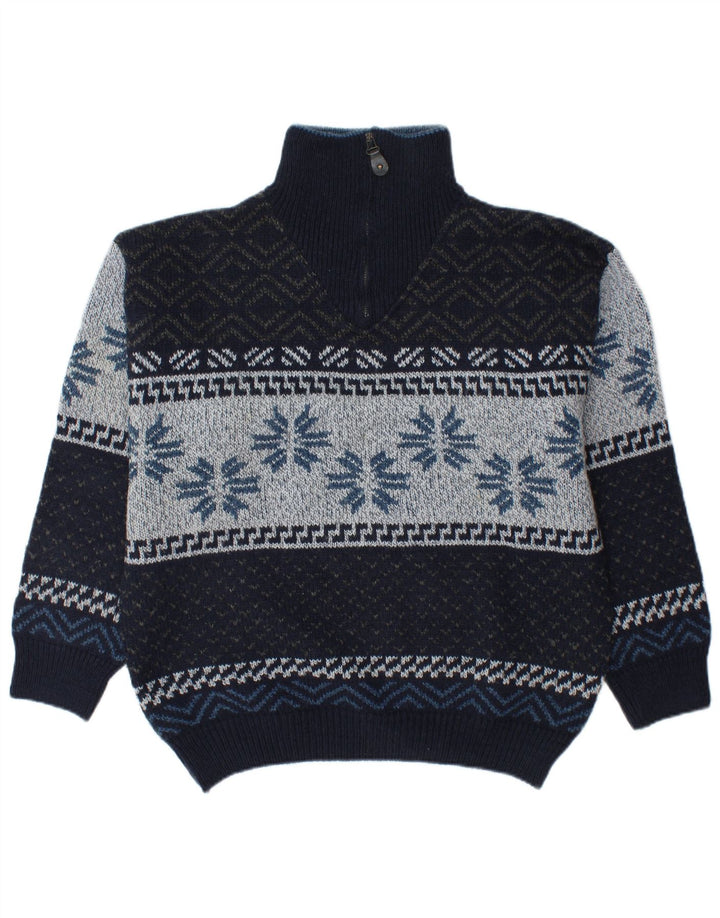 CAMARGUE Mens Zip Neck Jumper Sweater Medium Navy Blue Fair Isle Winter