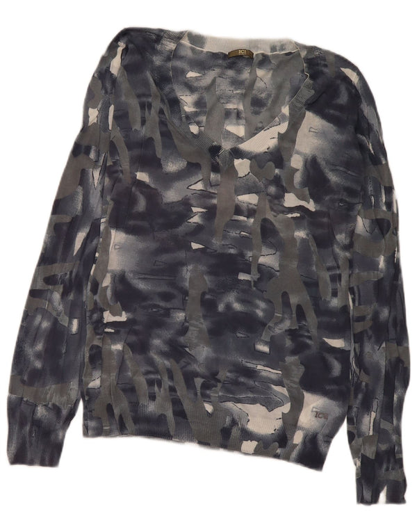 Iceberg Womens V-Neck Jumper Sweater UK 14 Medium Grey Camouflage Cotton