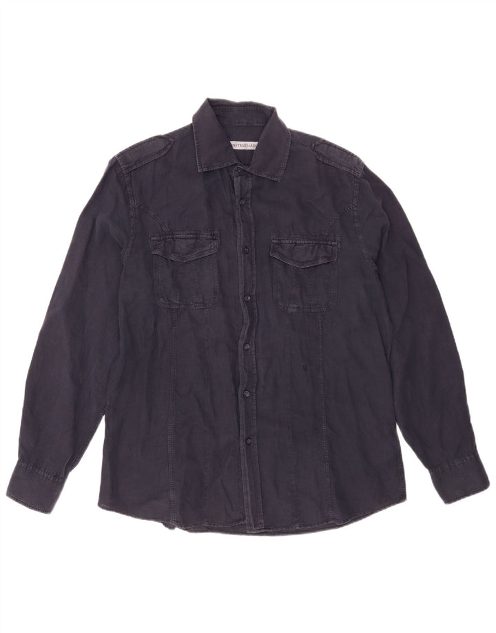 Camicia Militare Uomo Trussardi Large in Lino Blu Navy