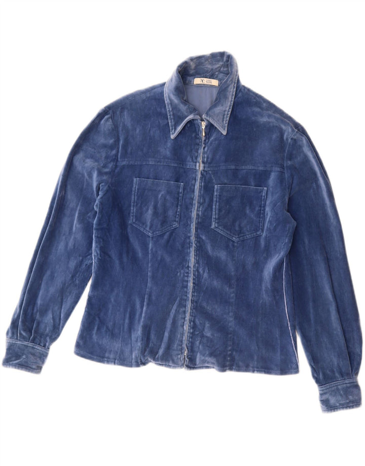 VINTAGE Dame Velvet Shirt UK 14 Medium Blue