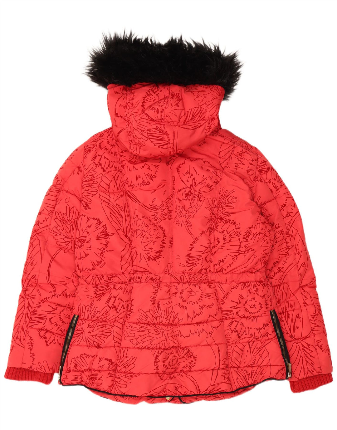 Desigual Womens Hooded Padded Jacket EU 44 XL Red Floral Polyester