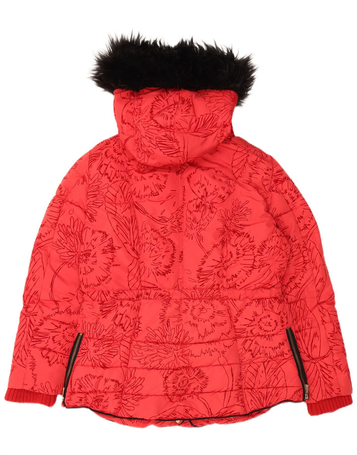 Desigual Womens Hooded Padded Jacket EU 44 XL Red Floral Polyester