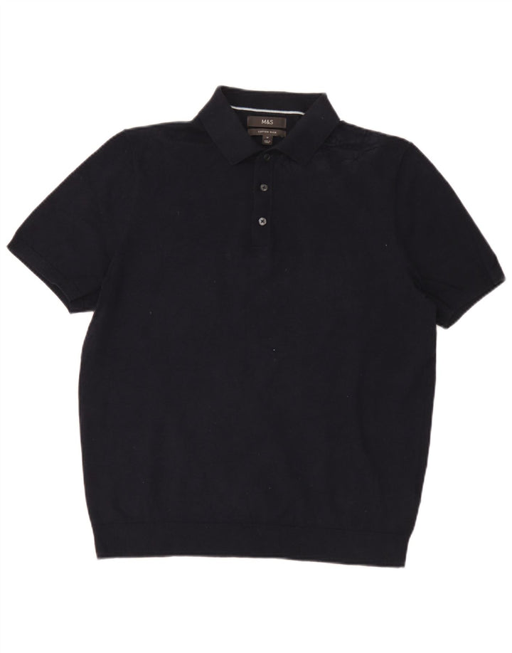 Marks & Spencer Mens Short Sleeve Polo Neck Jumper Sweater Medium Navy Blue