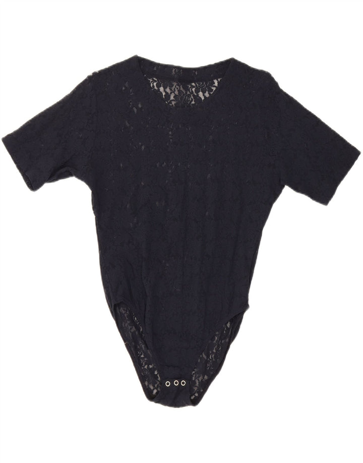 VINTAGE Womens Bodysuit UK 14 Large Navy Blue Floral Polyamide Vintage Vintage and Second-Hand Vintage from Messina Hembry 