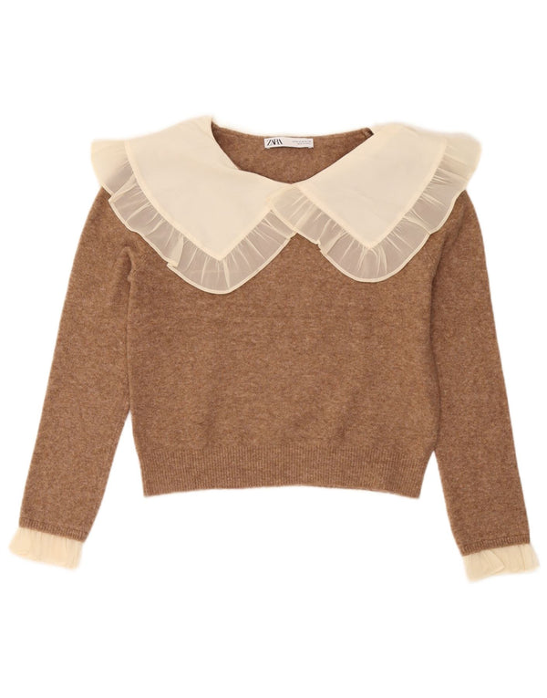 Zara Mujer Crop Boat Neck Jumper Sweater UK 42 Marrón Medio Colorblock