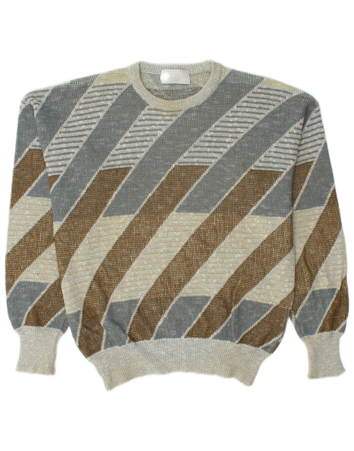 Vintage Mens Crew Neck Jumper Sweater Medium Multicoloured Striped Cotton