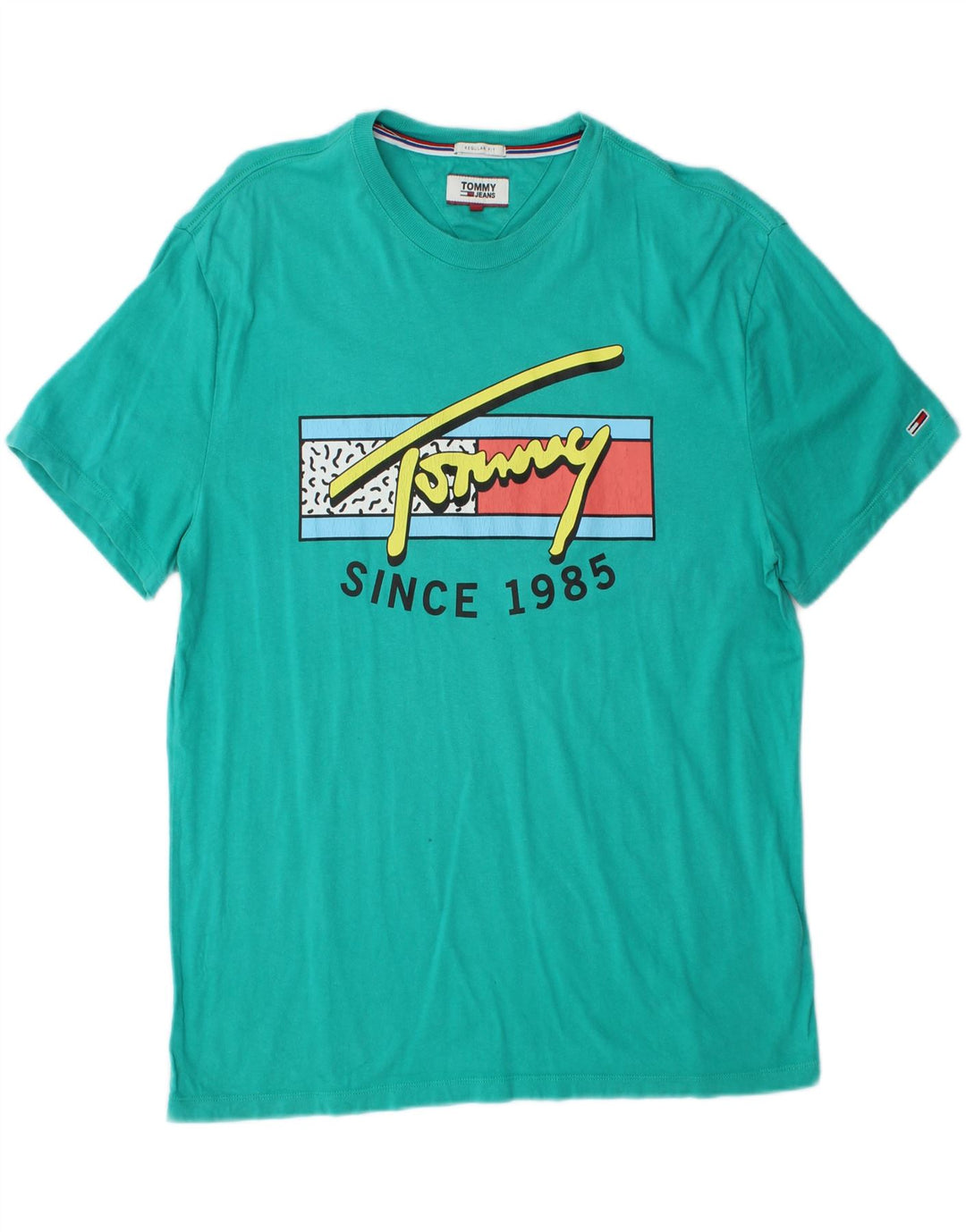 TOMMY HILFIGER Mens Regular Fit Graphic T-Shirt Top Medium Turquoise Vintage Tommy Hilfiger and Second-Hand Tommy Hilfiger from Messina Hembry 