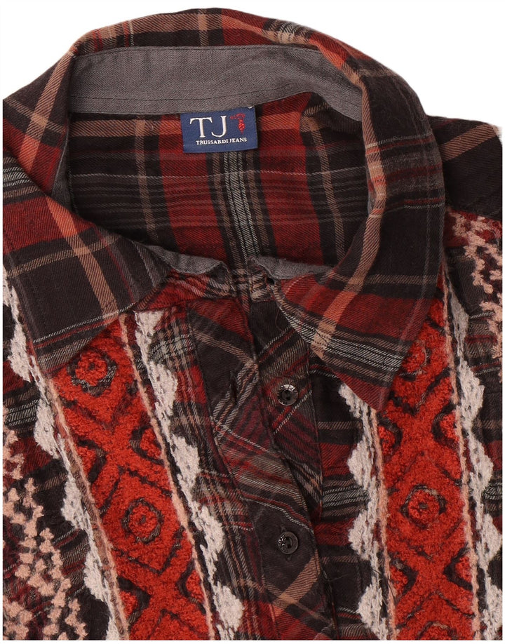 Trussardi Womens Longline Shirt UK 14 Medium Burgundy Check