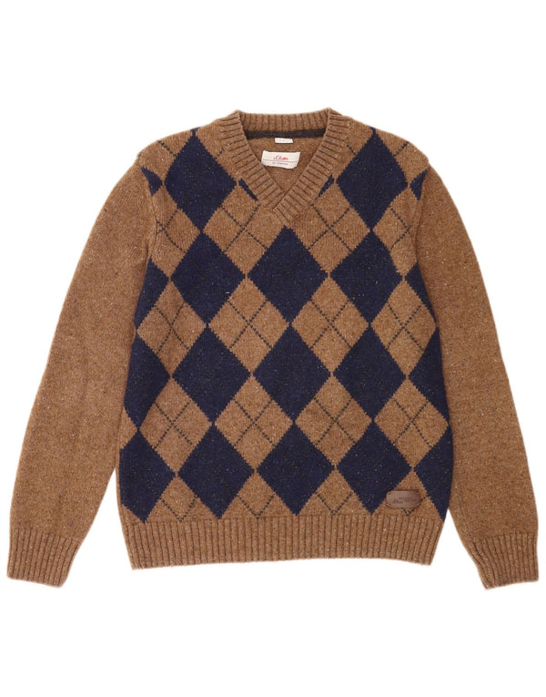 S.Oliver Jersey con Cuello en V para Hombre Grande Marrón Argyle/Lana Diamante