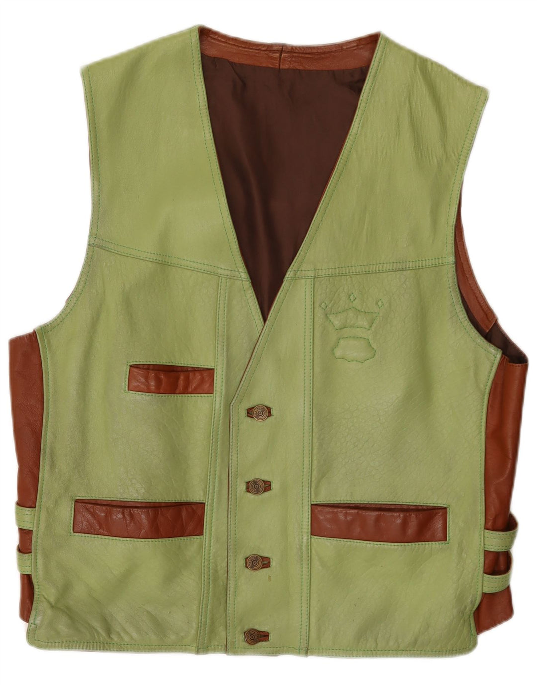 Vintage Mens Leather Waistcoat Large Green Colourblock
