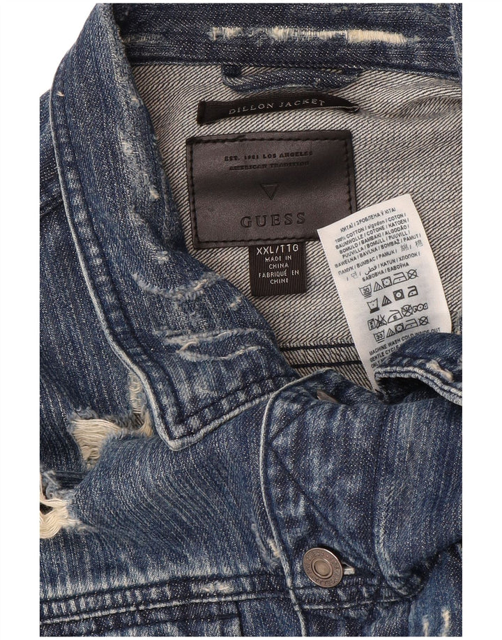 Guess Mens Dillon Graphic Distressed Denim Jacket UK 44 2XL Blue Cotton