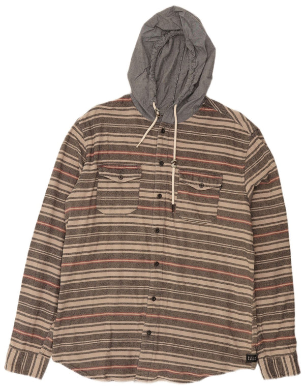 Billabong Mens Hooded Shirt Large Beige Striped Cotton