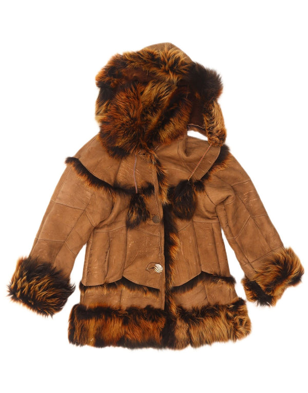 Vintage hættejakke til piger Shearling 7-8 år brun