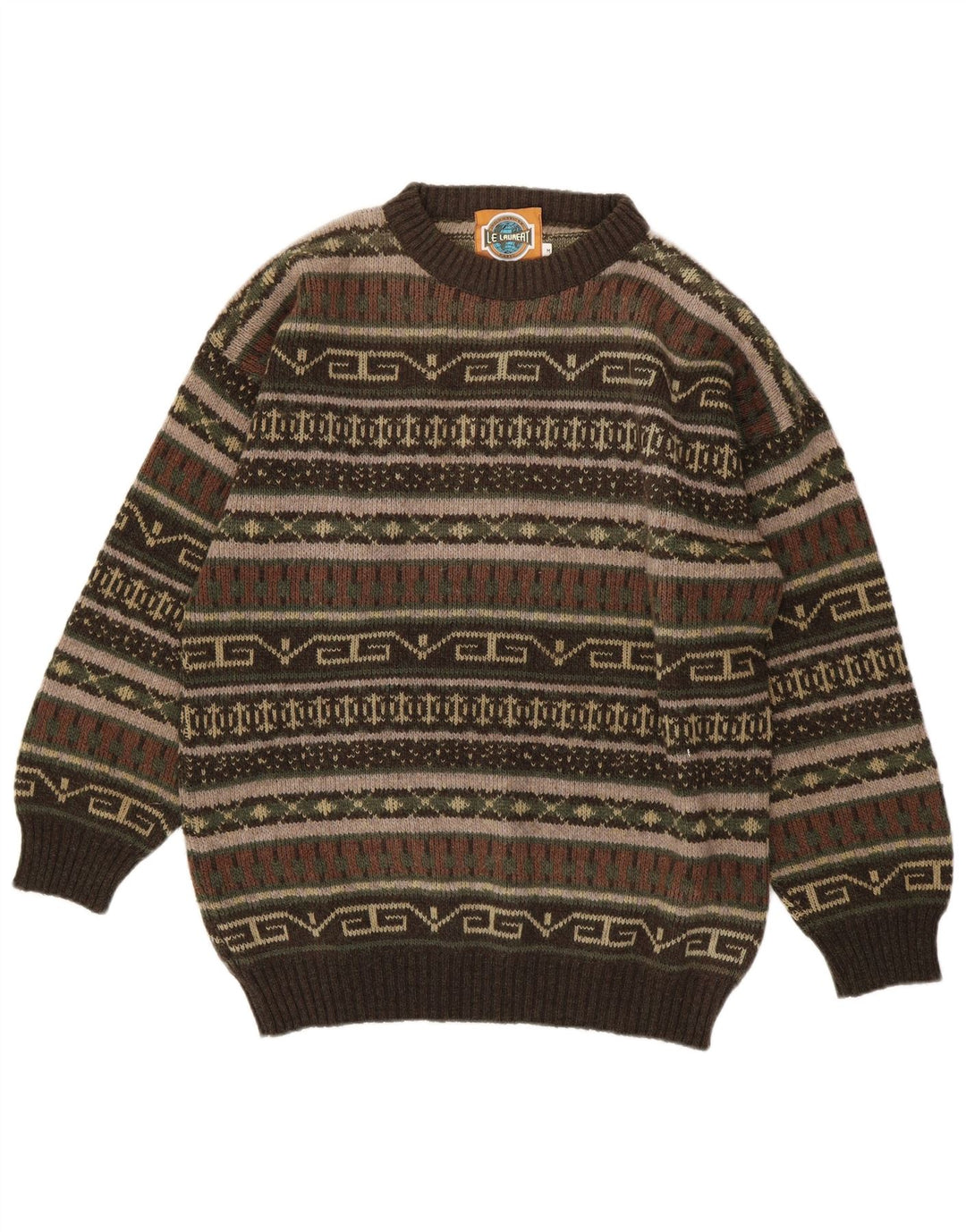 Le Laureat Mens Crew Neck Jumper Sweater Medium Khaki Geometric Wool