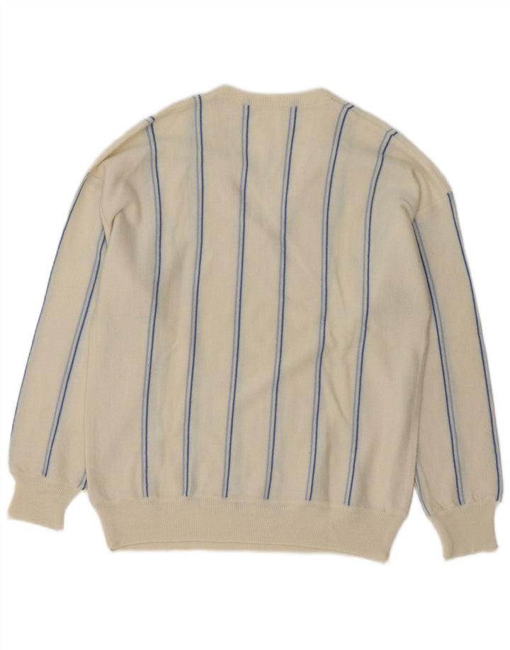 VINTAGE Mens V-Neck Jumper Sweater Medium Off White Striped