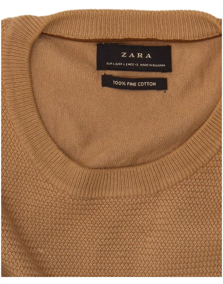 Zara Mens Crew Neck Jumper Sweater Large Beige Cotton