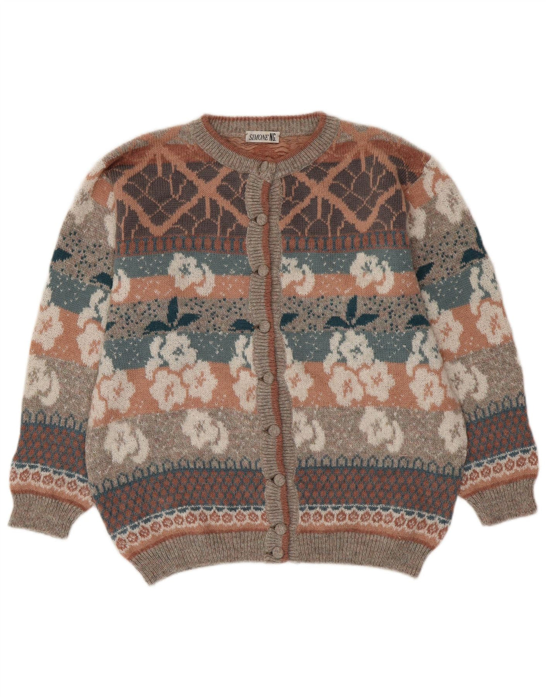 SIMONE Damen-Cardigan-Pullover UK 16 Große mehrfarbige Blumenwolle
