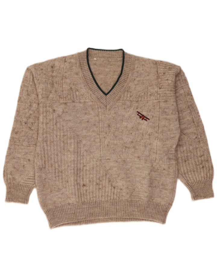 Sweter męski w stylu vintage z dekoltem w kształcie litery V, średni beż