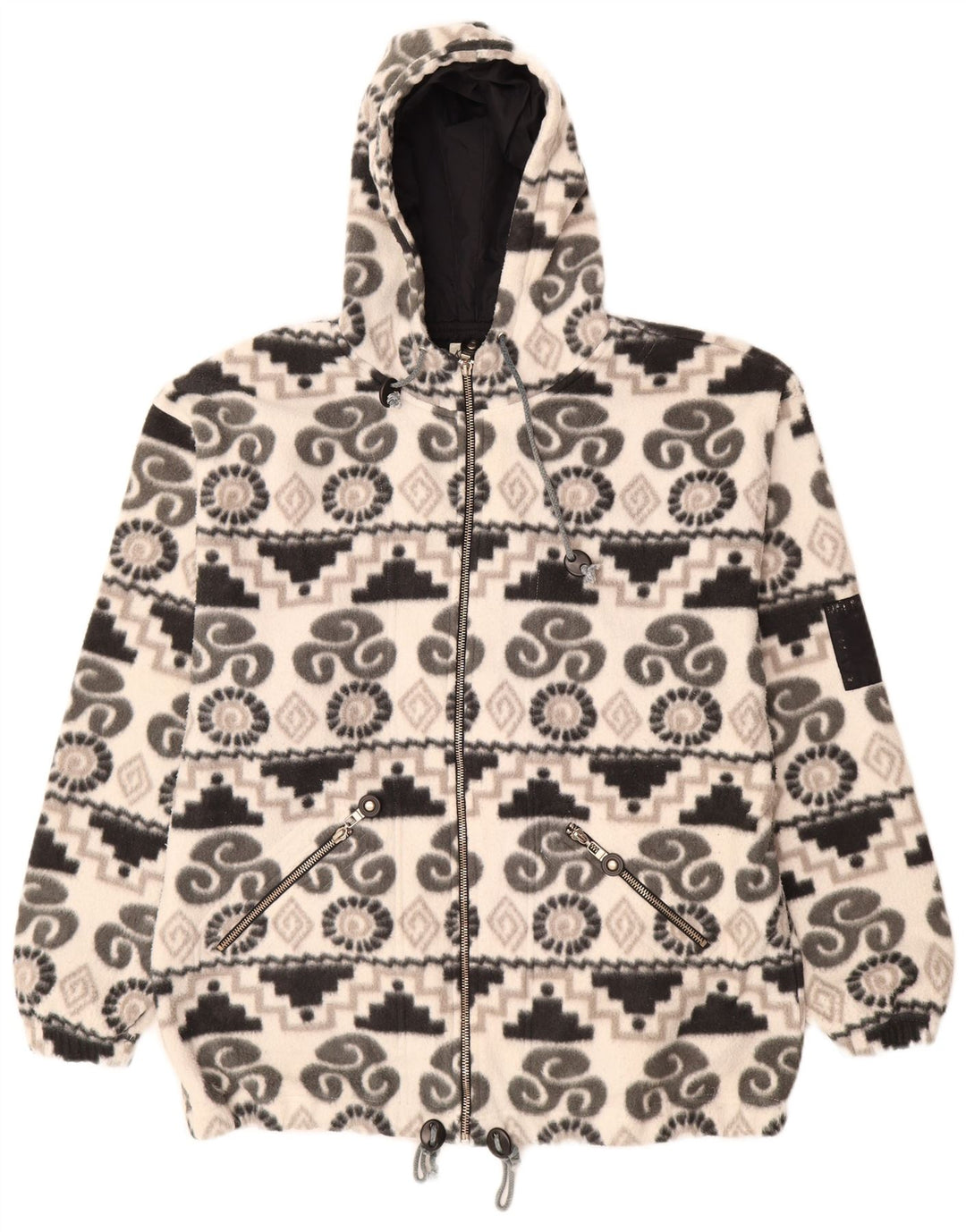 KNOCK OUT Womens Hooded Fleece Jacket UK 14 Medium White Geometric