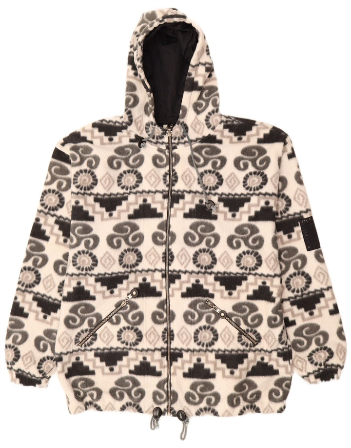 KNOCK OUT Womens Hooded Fleece Jacket UK 14 Medium White Geometric