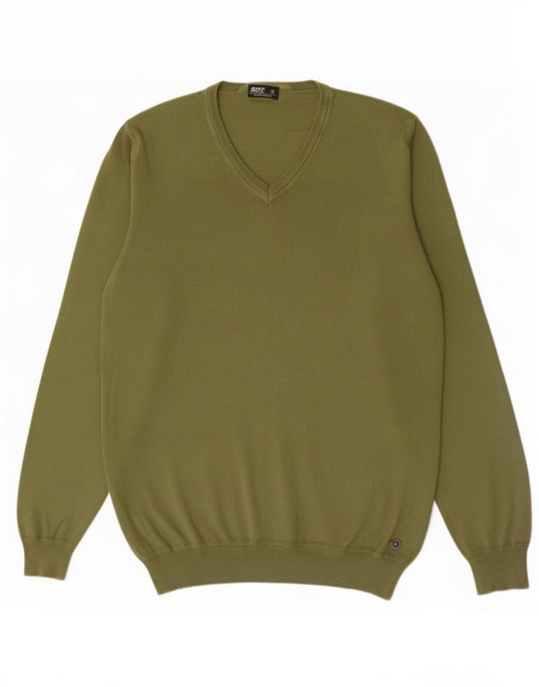 Rifle Mens V-Neck Jumper Sweater Medium Green Cotton