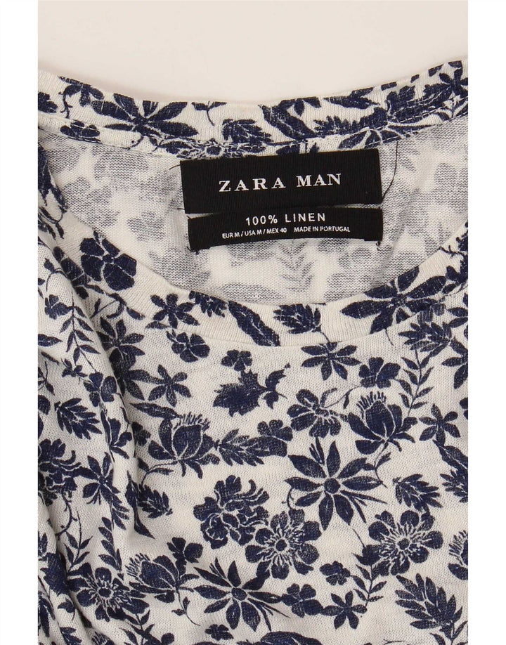 Zara Herre T-Shirt Top Medium White Floral Linen
