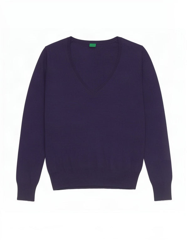 Maglione da donna con scollo a V Benetton UK 8 Small Blu Navy
