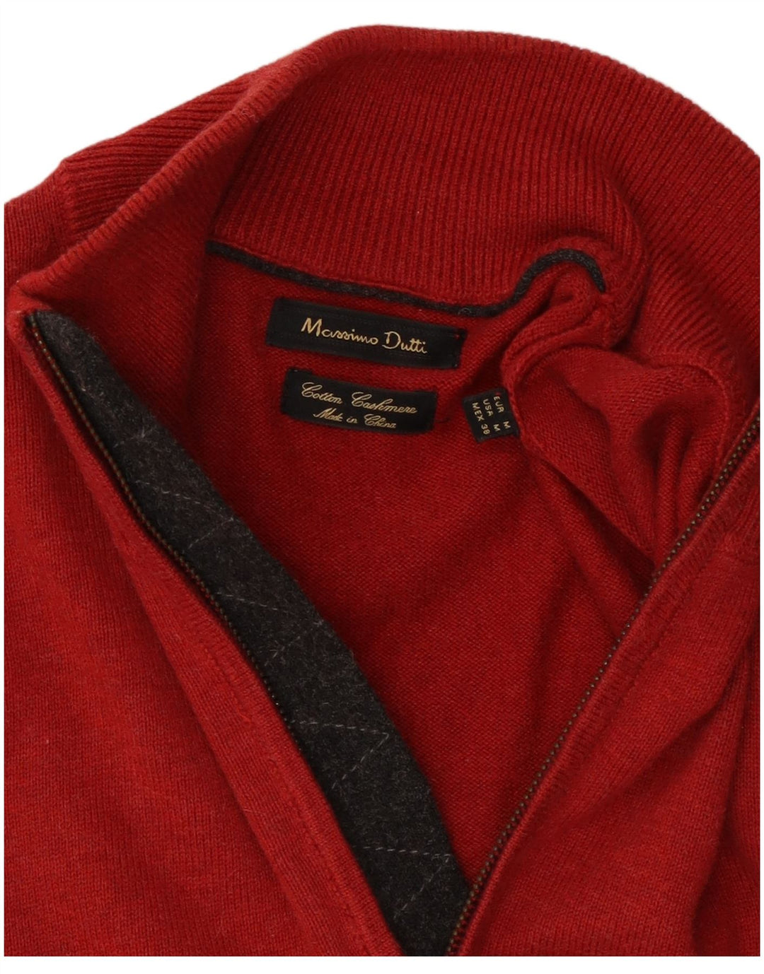 Massimo Dutti Herren-Pullover mit Reißverschluss am Hals, mittelrote Colourblock-Baumwolle
