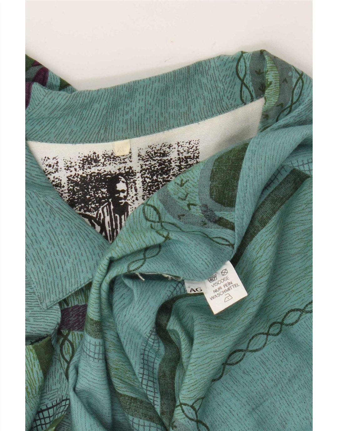 Vintage Mens Abstract Pattern Short Sleeve Shirt XL Green Viscose