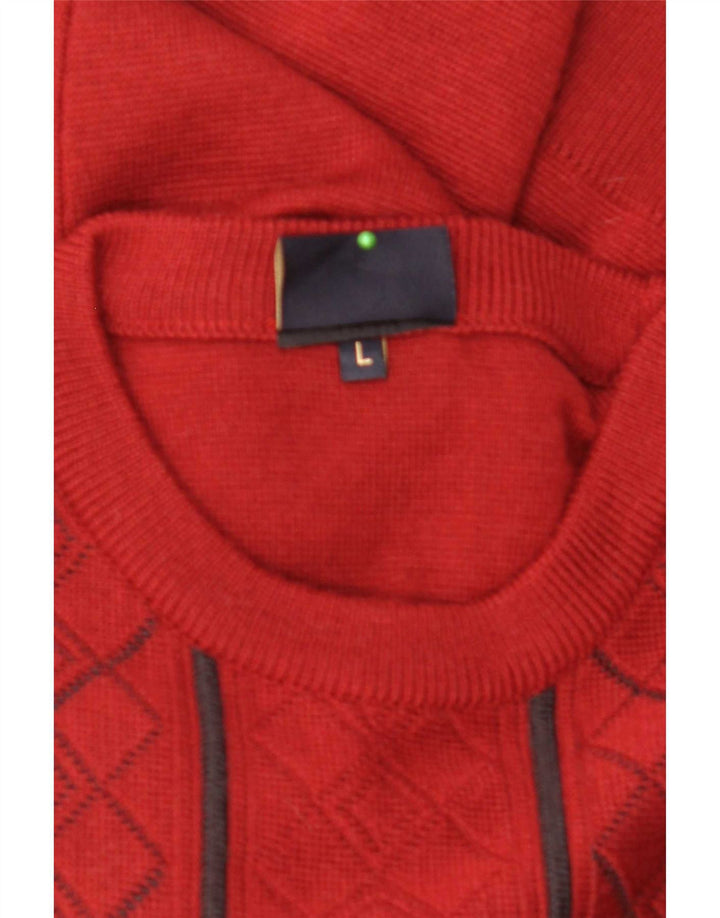 Męski sweter z wycięciem pod szyją Gabicci, duży, czerwony, argyle/diamentowa wełna