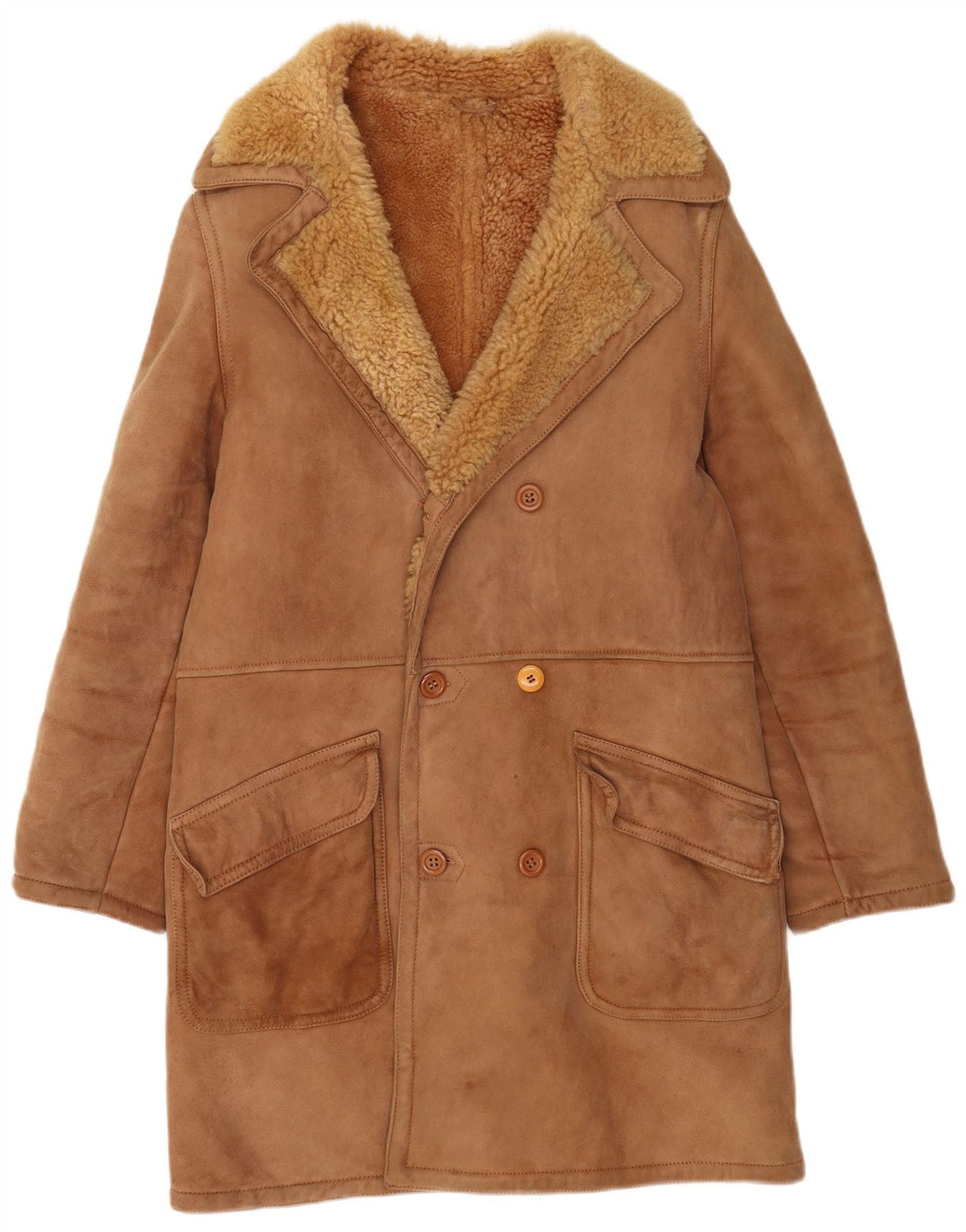 Vintage Herre Dobbeltradet Shearling Overfrakke UK 36 Small Brown