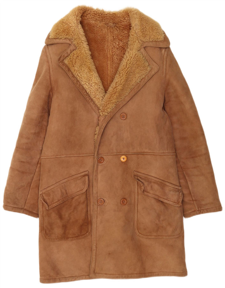 Vintage Herre Dobbeltradet Shearling Overfrakke UK 36 Small Brown