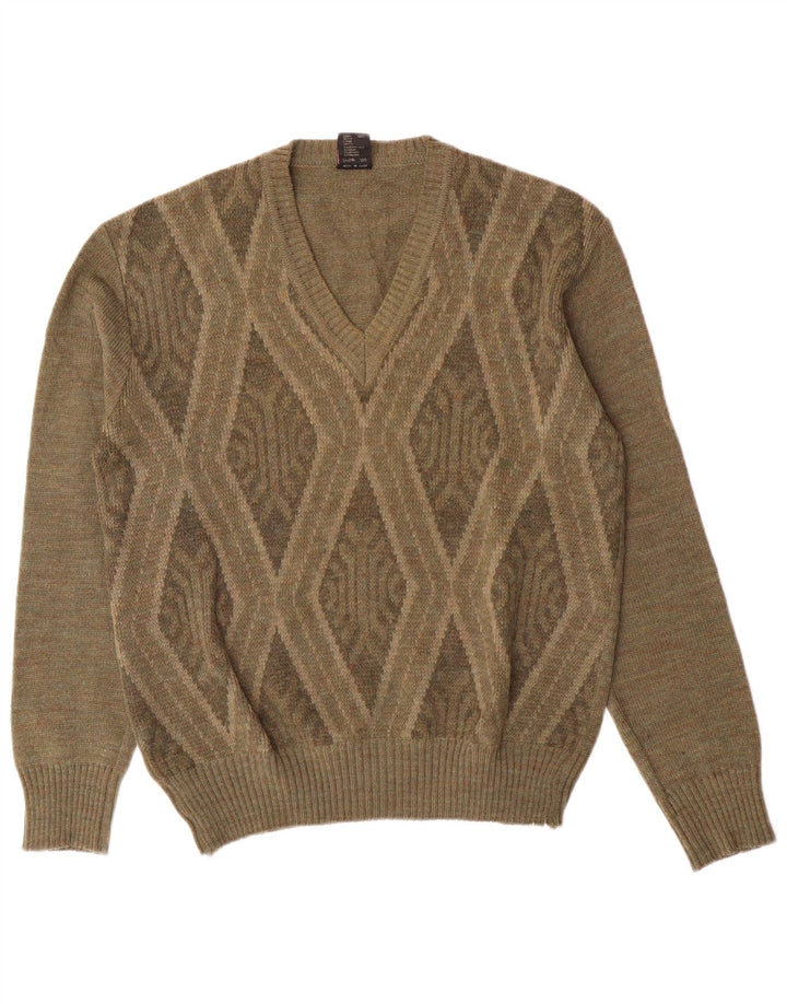 Rinaldi Mens V-Neck Jumper Sweater Medium Khaki Argyle/Diamond Wool