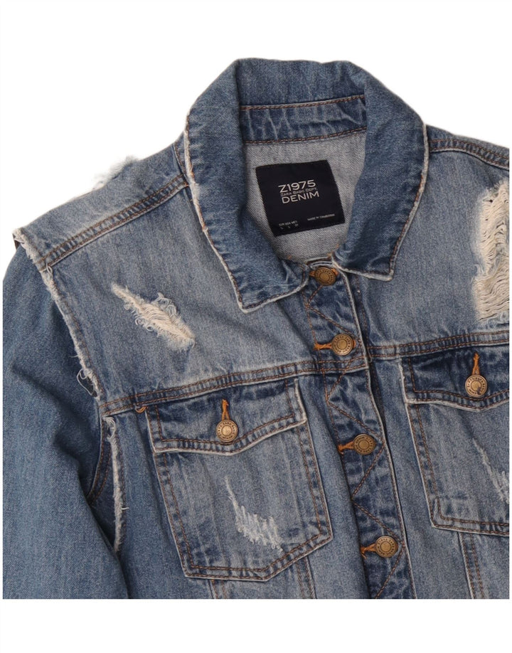 ZARA Womens Distressed Denim Jacket UK 16 Large Blue Cotton