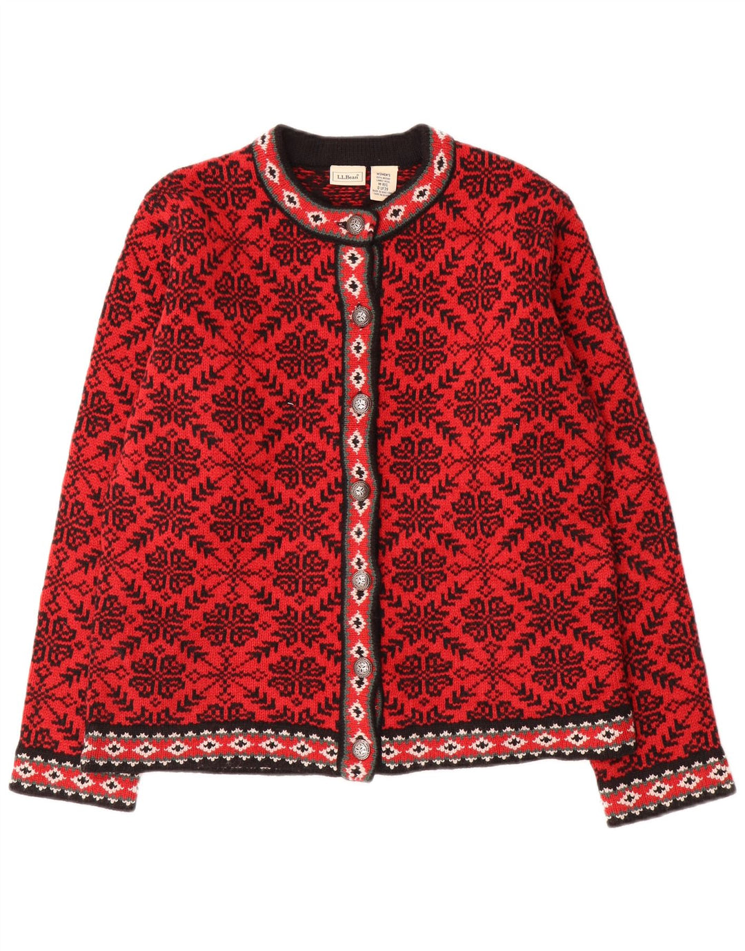 L.L.Bean Dame Cardigan Sweater UK 14 Medium Red Fair Isle Wool