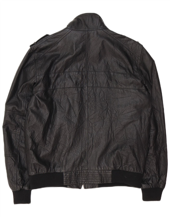Montego Mens Military Leather Jacket UK 40 Large Black Leather
