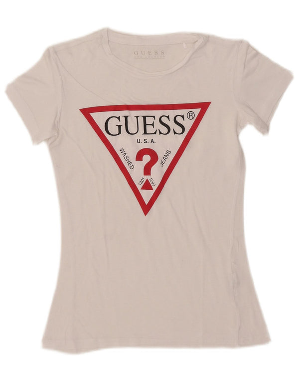 Guess Damen Crop Graphic T-Shirt Top UK 6 XS Weiß