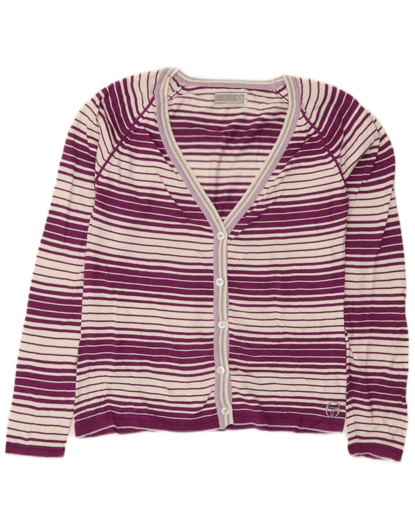 Sergio Tacchini Dame Cardigan Sweater UK 12 Medium Lilla Stribet Bomuld