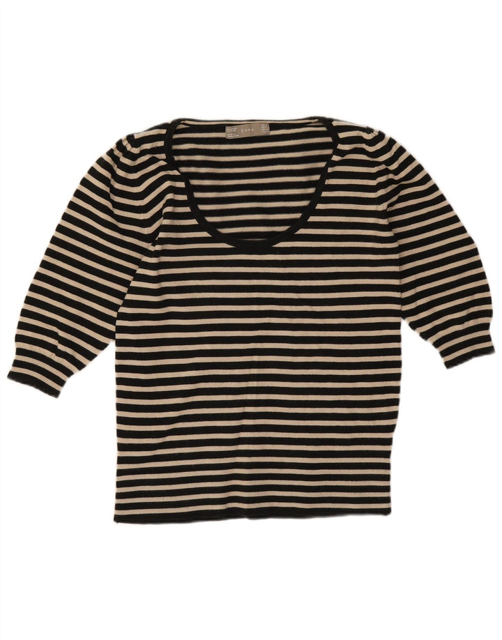 Zara Womens Top 3/4 Sleeve UK 12 Medium Black Striped Cotton