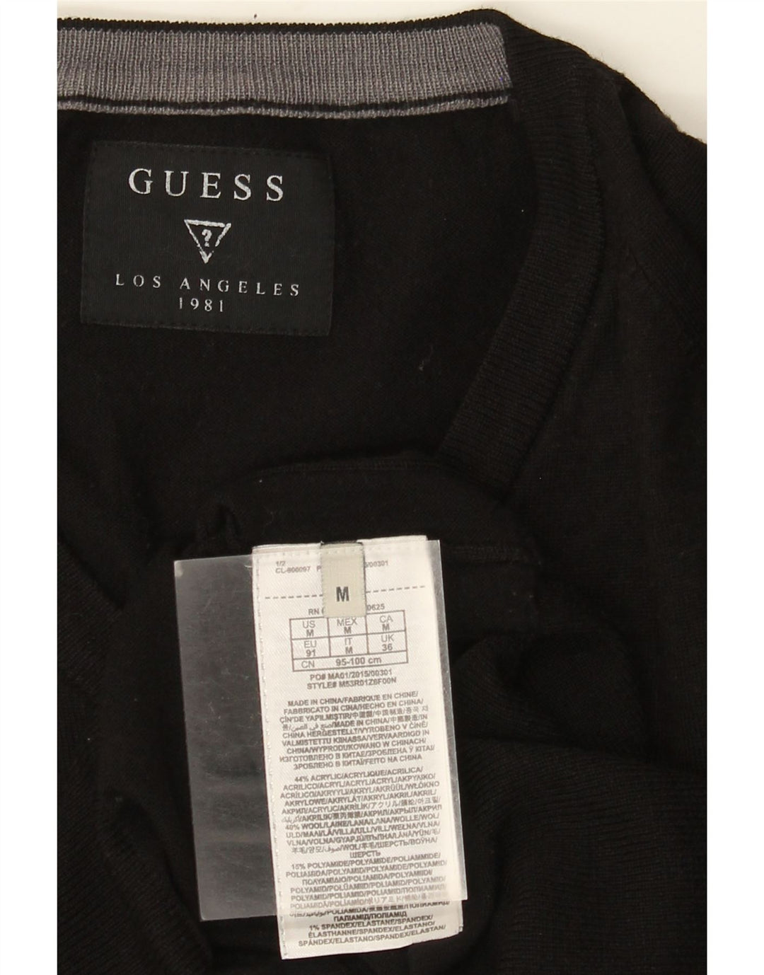 GUESS Mens V-Neck Jumper Sweater Medium Black Acrylic