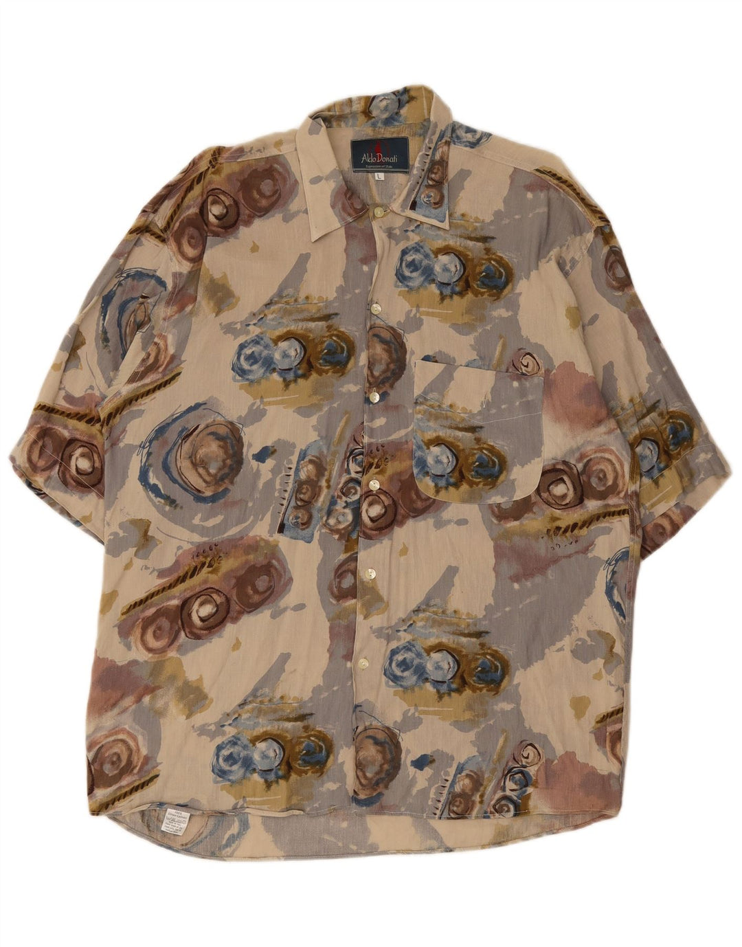 Camicia a maniche corte vintage da uomo con motivo astratto, grande lino beige