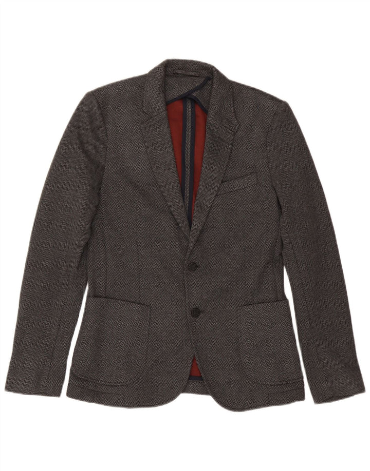 Zara Mens 2 Button Blazer Jacket EU 46 Small Grey Herringbone Polyester