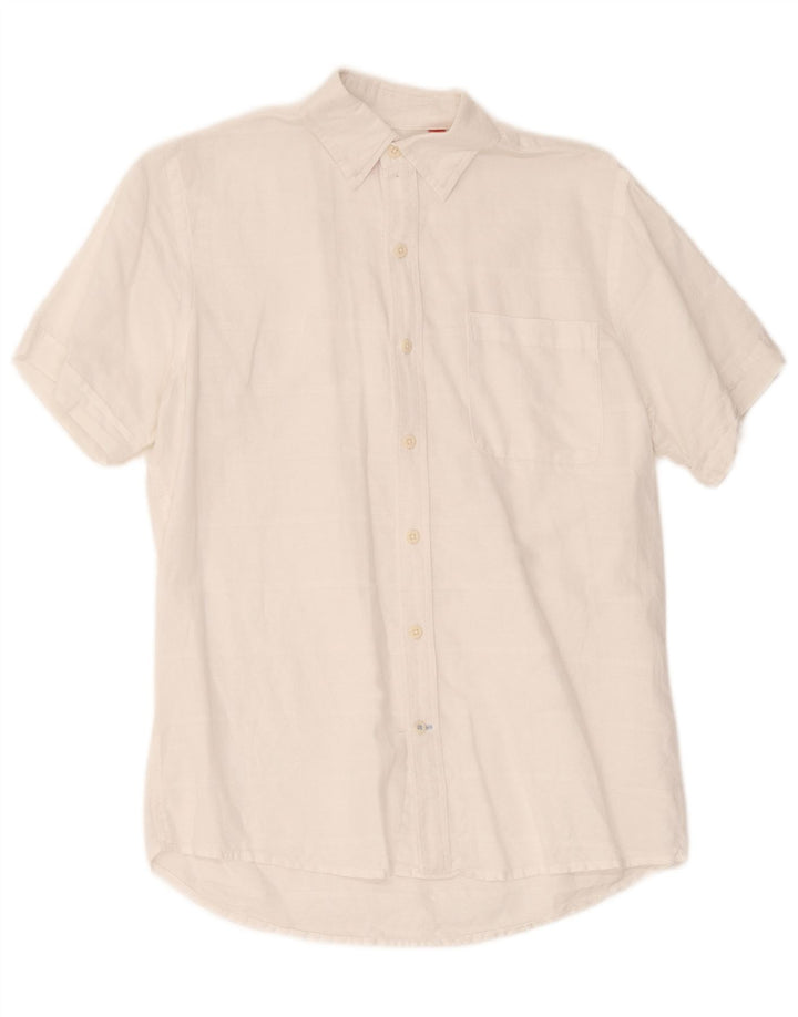 Izod Mens Short Sleeve Shirt Medium White Striped Linen
