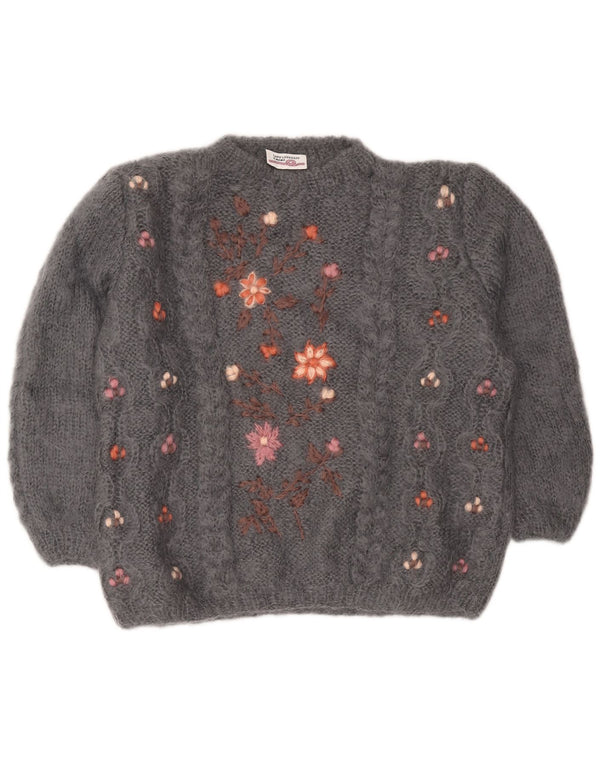 Pulover vintage pentru femei, supradimensionat, cu gâtul turn, UK 18 XL, gri, floral